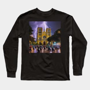 Iconic World Landmarks During A Thunderstorm: Norte Dame Cathedral Saigon Long Sleeve T-Shirt